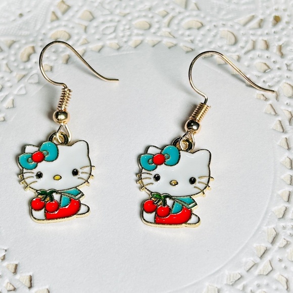 Hello Kitty with Cherries, Enameled Gold Tone Drop Dangle Earrings. - Picture 1 of 6